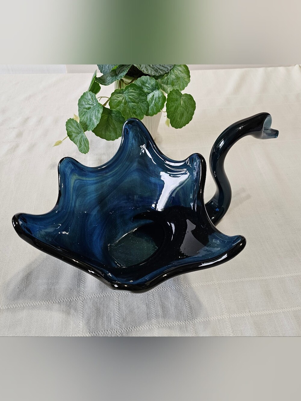 Vintage Chalet Style Cobalt Blue Art Glass Swan Basket Bowl Hand Blown